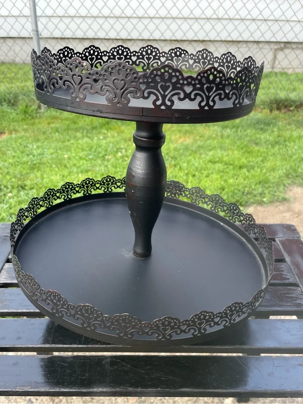 2 Tier Display Food Cake Standing Trays Pedestal Black Ornate Lace CutOut Edges